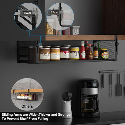 AmonHouseware 2Pack Under Shelf Basket, Adjustable Hanging Under Cabinet Shelf Storage, Hanging Holder Length Stretchable 14.9-22.6Inch for Kitchen Pantry Desk Counter Bookshelf Cupboard (Black)