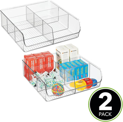 mDesign Plastic Home Office Wide Bin Organizer with 6 Compartments for Cabinets, Closets, Drawers, Desks, Tables, Workspace - Staple, Notepad, Paperclip Holder - Ligne Collection - 2 Pack - Clear