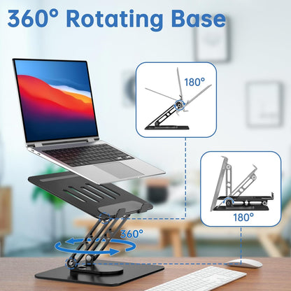 Laptop Stand for Desk Adjustable Computer Stand with 360 Rotating Base Ergonomic Laptop Riser Mount for Desk Foldable Protable Computer Desk Fits with MacBook Pro Air, Round Black