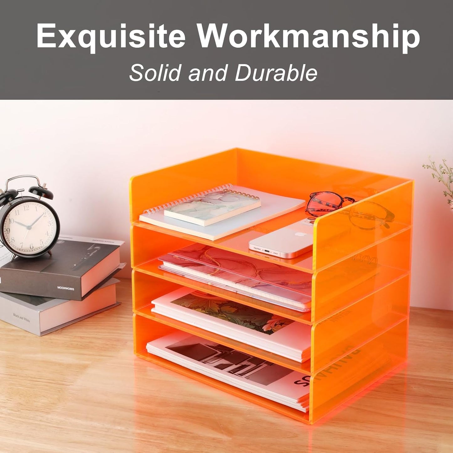 Gelite Acrylic File Organizer for Desk 4 Tiered Stackable Letter Tray Office Paper Storage Desktop Document Sorter, Neon Pink