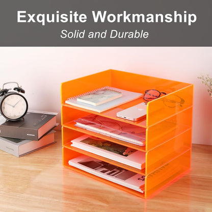 Gelite Acrylic File Organizer for Desk 4 Tiered Stackable Letter Tray Office Paper Storage Desktop Document Sorter, Neon Pink