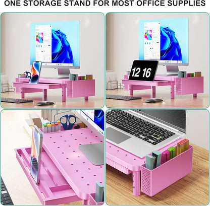 WALI Computer Monitor Stand with Storage, Desk Monitor Riser 3 Height Adjustable, Laptop Riser with Airflow Vents, Desk Organizer for Computer, Laptop, Printer (PTT002-B), 1 Pack, Black