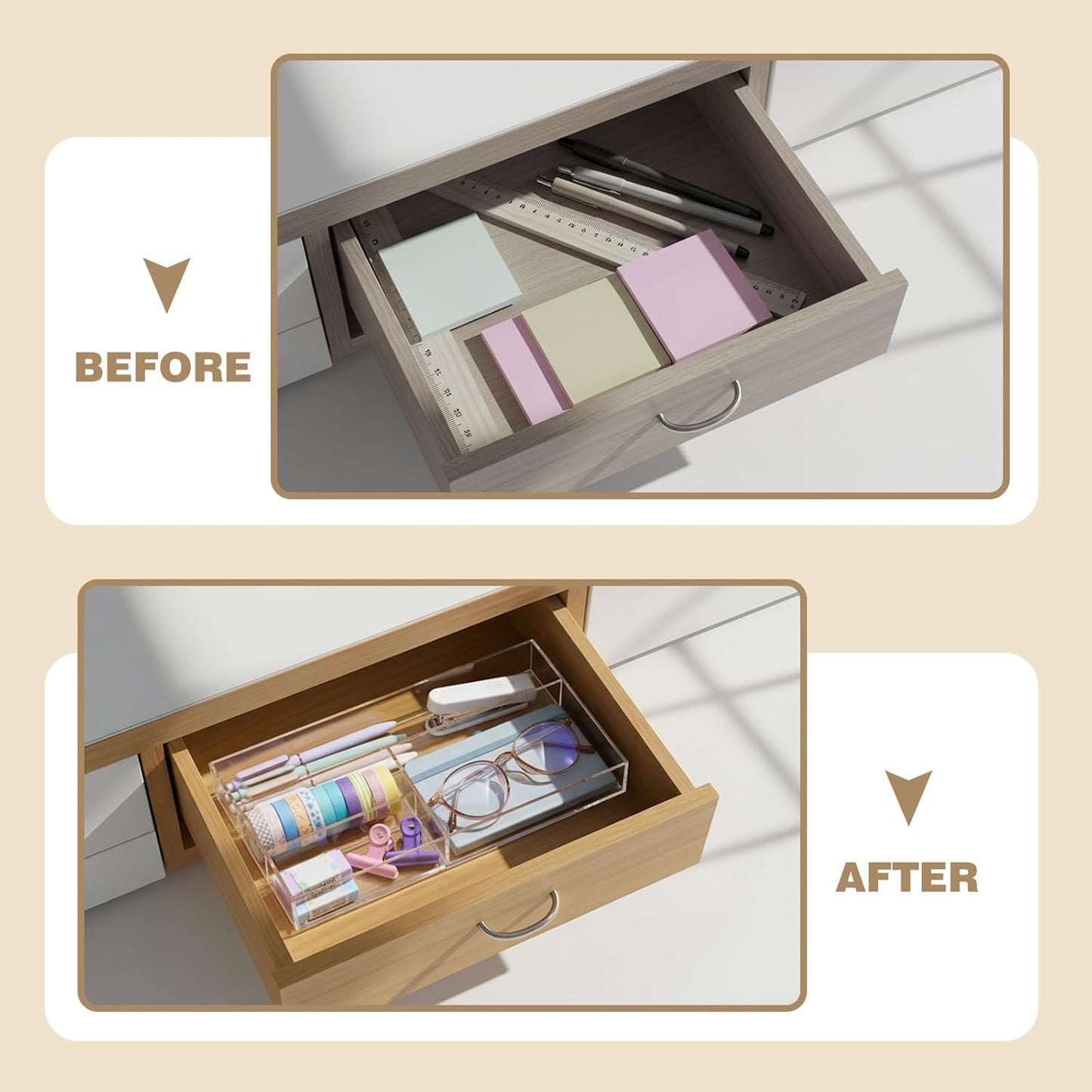 Briwooody Clear Acrylic Desk Drawer Organizer 11 x 6.1 x 1.38 Inch Storage Tray Organizer for Pens, Stationery, Desktop, Office, Bathroom, Kitchen, Makeup Supplies (6 Compartments)