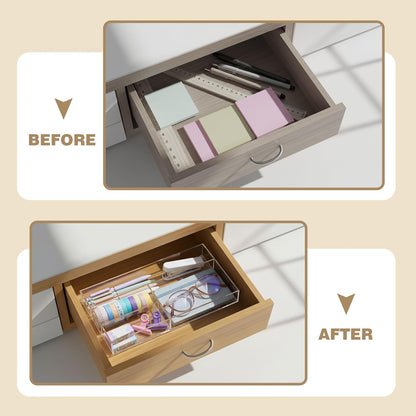 Briwooody Clear Acrylic Desk Drawer Organizer 11 x 6.1 x 1.38 Inch Storage Tray Organizer for Pens, Stationery, Desktop, Office, Bathroom, Kitchen, Makeup Supplies (6 Compartments)