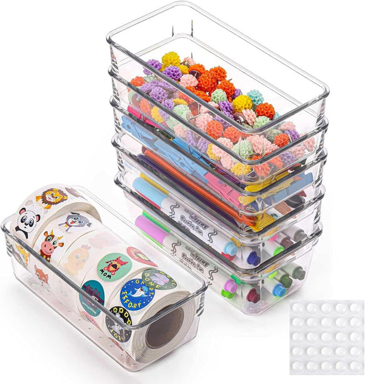 Ohlove 6 Pcs Large Clear Plastic Drawer Organizers Tray 15" x 6.3" Storage Bins with 25 Pcs Non-Slip Pads for Makeup, Jewelries, Kitchen Utensils, Bathroom and Office