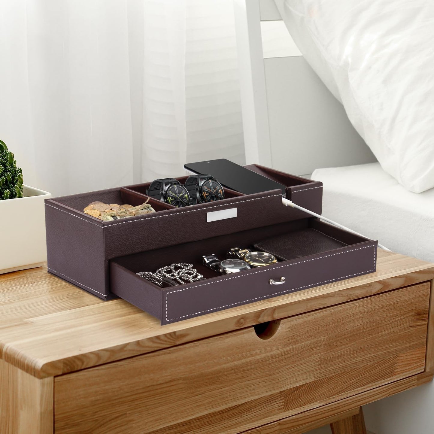 Baoyun Valet Tray for Men, 2 Layers Nightstand Organizers for Men and Women, Leather Jewelry Storage Box, Mens Dresser Top Organizer, Catch All for Jewelry Key Wallet and Phone (Brown)
