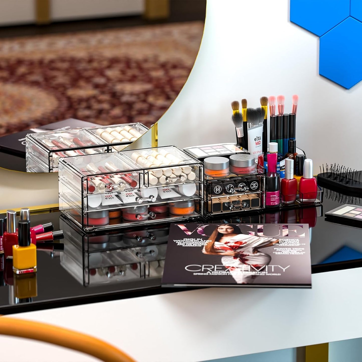 Cq acrylic Make Up Organizers for Vanity With 14 Drawers, 4 Pack Clear Drawer Organizers,Plastic Cute Desk Accessories Organization and Bathroom Organizers Storage Case Box Cube for Beauty,Skin Care