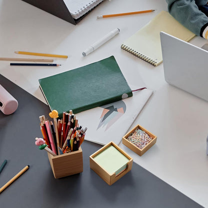 Desk Organizer Set of 3 - Bamboo Office Desk Accessories - Desk Organizers and Accessories for Women Men - Set incl. Pencil Pen Holder, Paperclip Storage and Sticky Note Holder