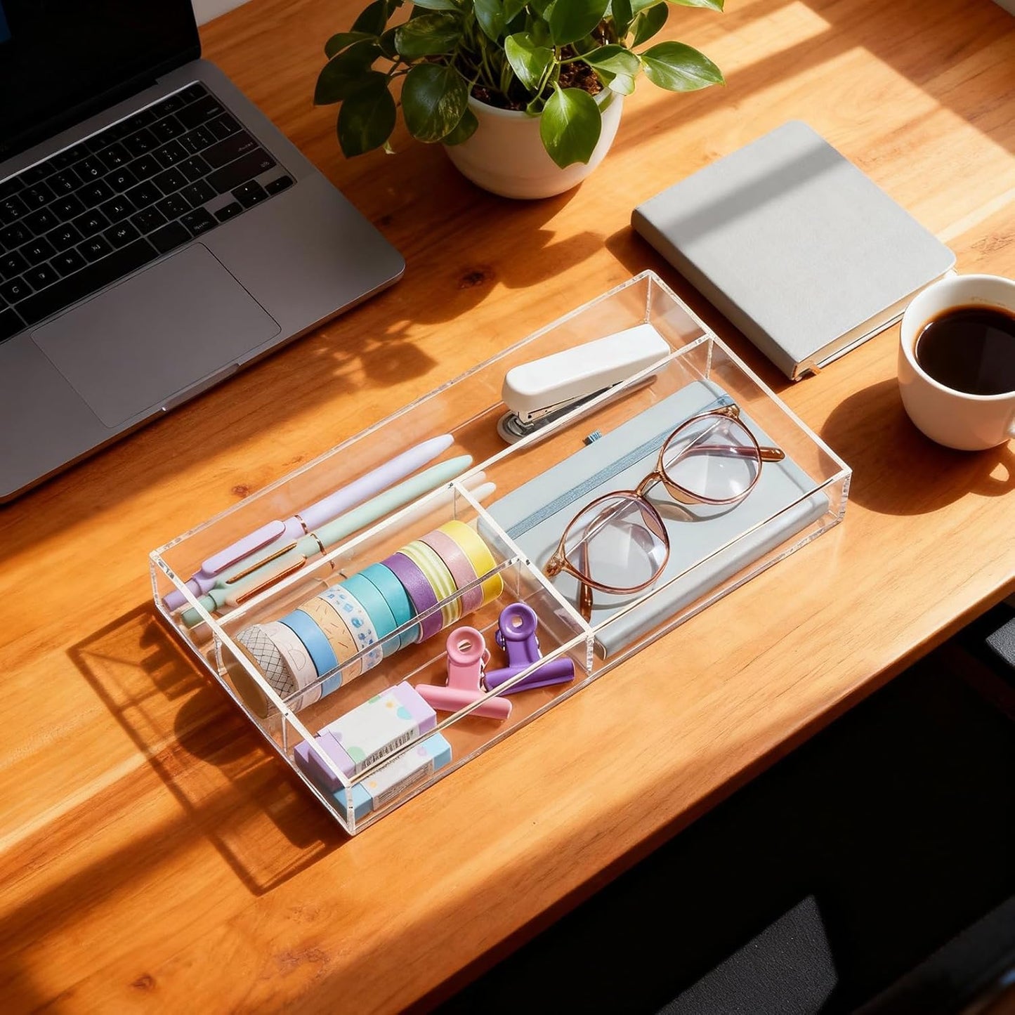 Briwooody Clear Acrylic Desk Drawer Organizer 11 x 6.1 x 1.38 Inch Storage Tray Organizer for Pens, Stationery, Desktop, Office, Bathroom, Kitchen, Makeup Supplies (6 Compartments)