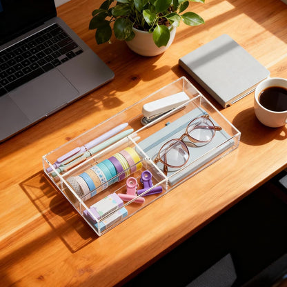 Briwooody Clear Acrylic Desk Drawer Organizer 11 x 6.1 x 1.38 Inch Storage Tray Organizer for Pens, Stationery, Desktop, Office, Bathroom, Kitchen, Makeup Supplies (6 Compartments)