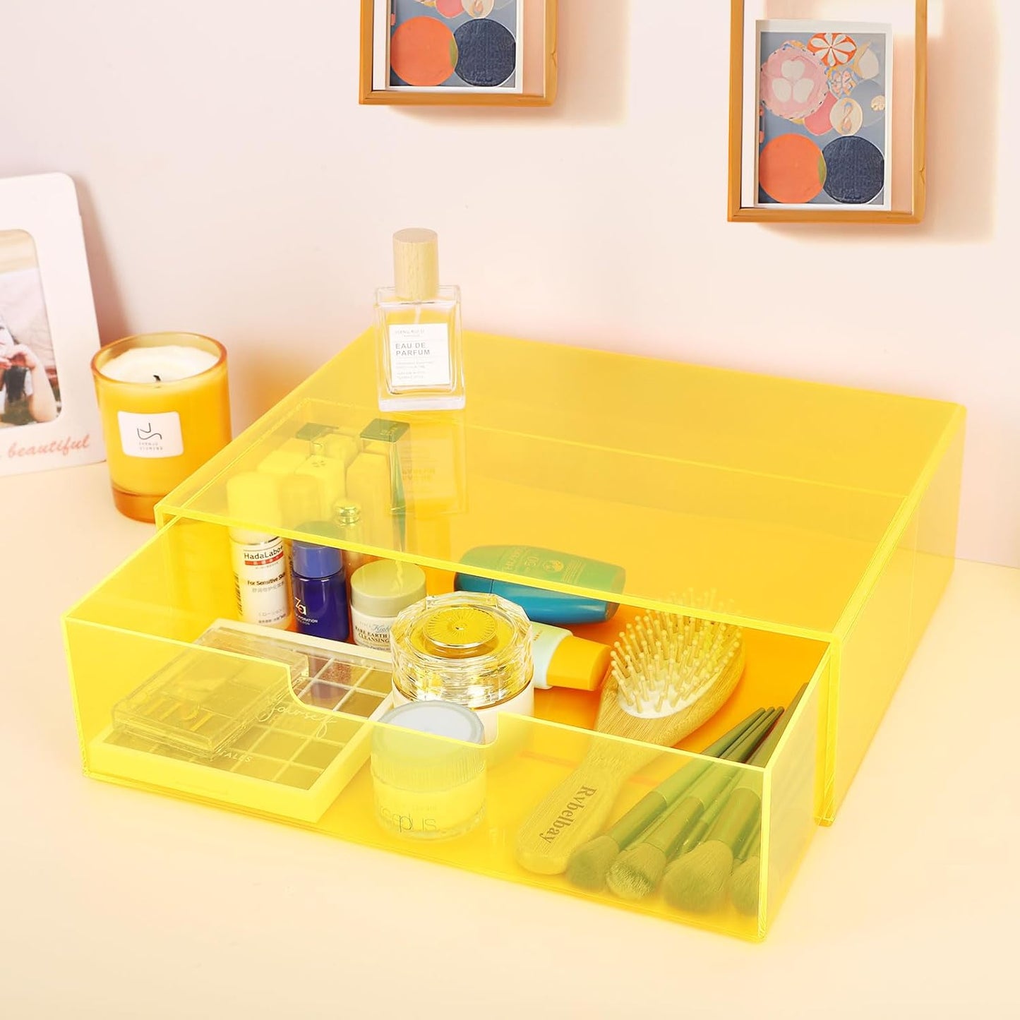 Gelite Acrylic Desk Organizer with Drawer for Makeup Vanity Stackable Desktop Storage Box for Office Supplies, 13.8 x 9.8 x 3.9’’, Neon Green