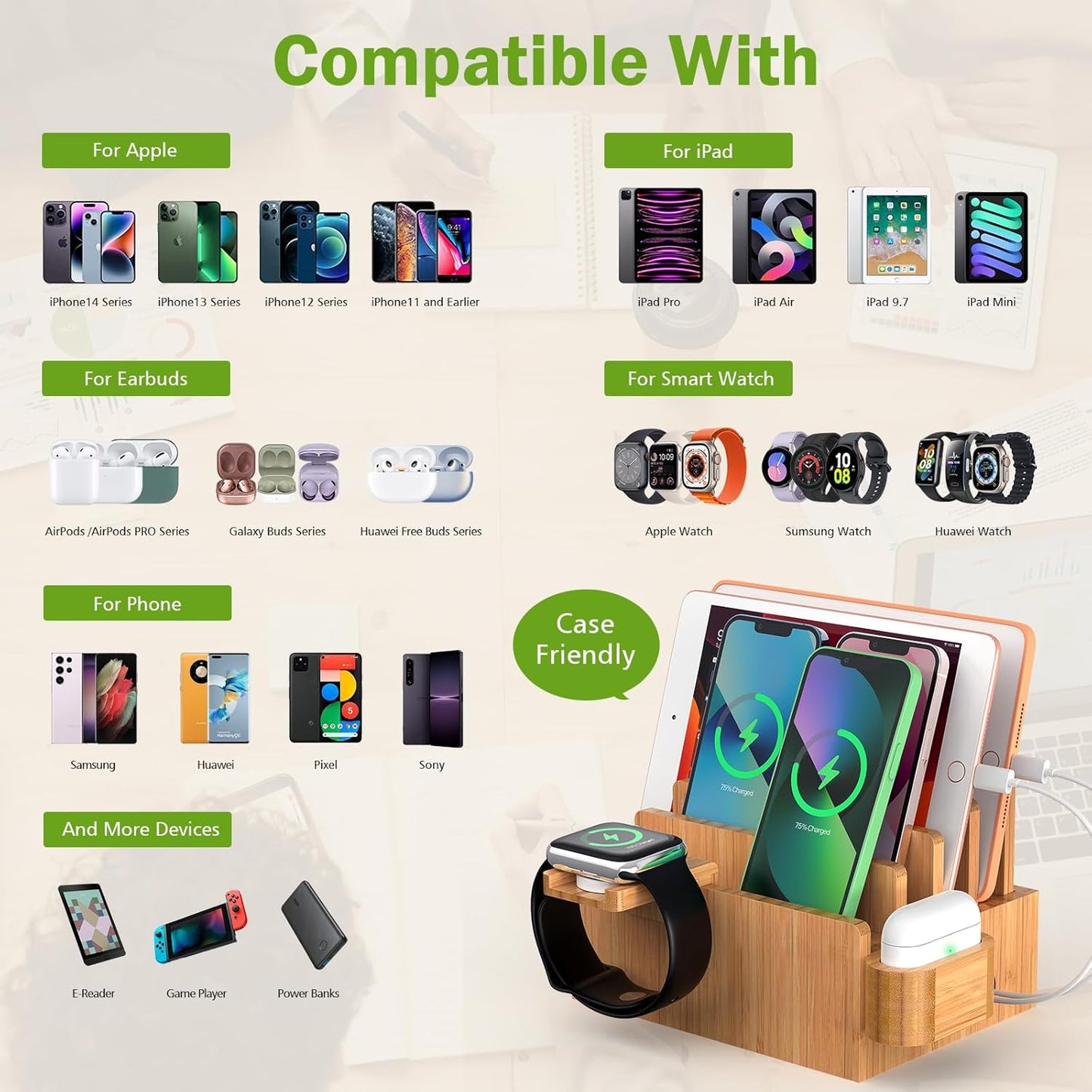 Pezin & Hulin Bamboo Charging Station for Multiple Devices with 5 Port USB Charger, 5 Cables, Watch&Earbuds Stand, Electronic Device Desktop Organizer for Cellphone, Tablet, Watch, Earbuds