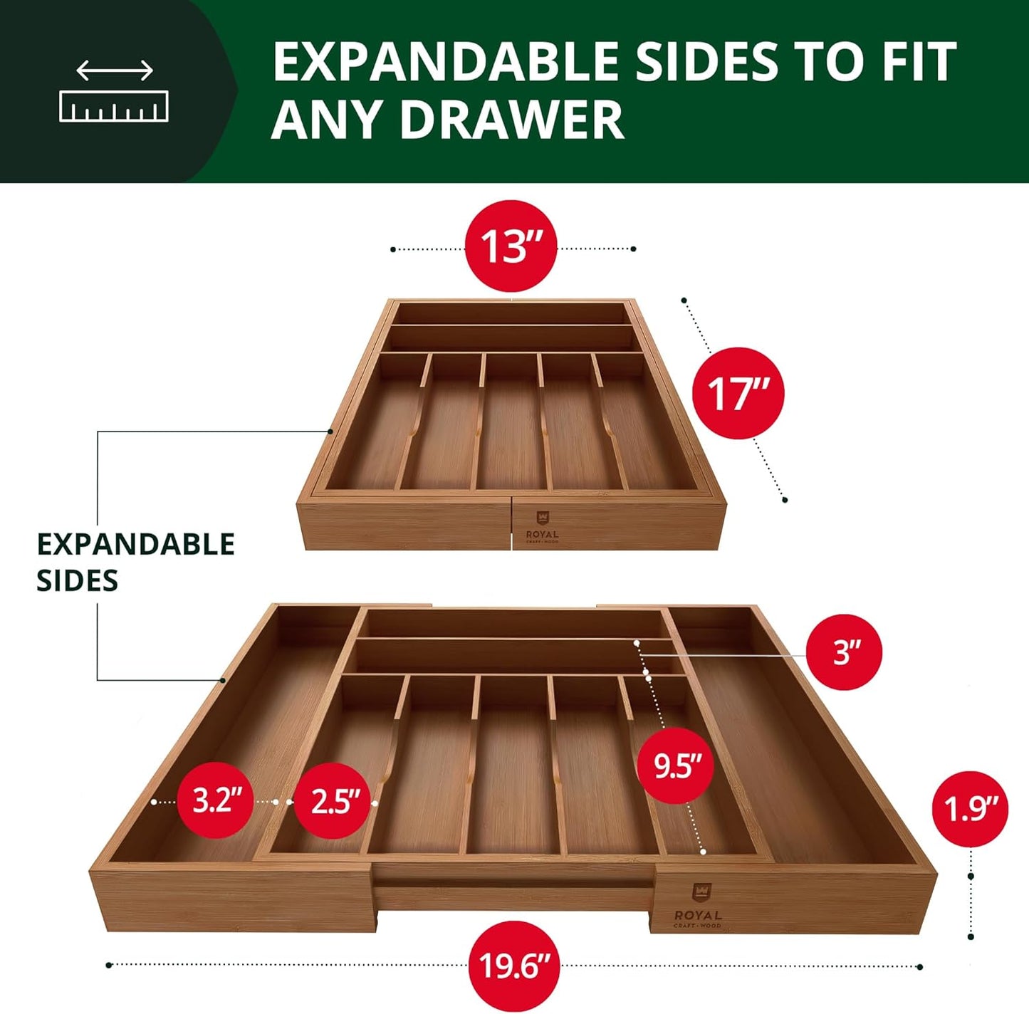 ROYAL CRAFT WOOD Luxury Bamboo Kitchen Drawer Organizer - Silverware Organizer, Utensil Holder & Cutlery Tray Drawer Dividers for Flatware (9 Slot, Natural)