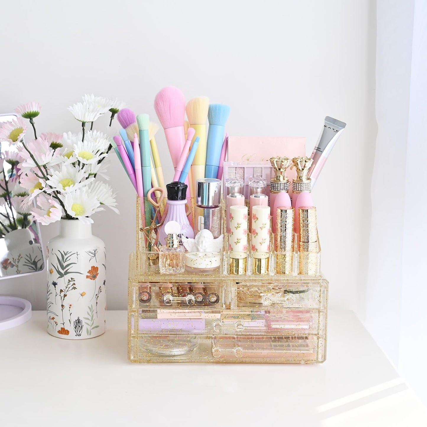 Ikee Design Acrylic Makeup Organizer with 4 Drawers and Removable Top Lipstick Holders, Ideal for Make-up or Accessories,Enhance Your Vanity or Bathroom with Clear Design for Quick Visibility