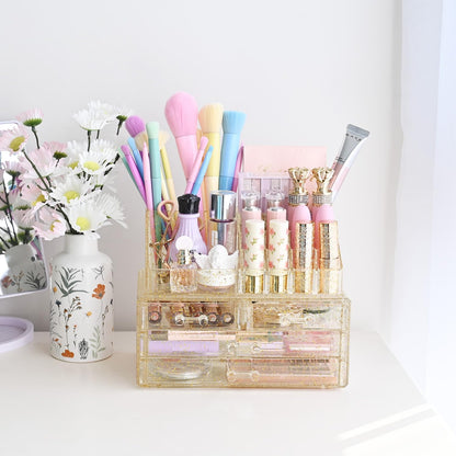 Ikee Design Acrylic Makeup Organizer with 4 Drawers and Removable Top Lipstick Holders, Ideal for Make-up or Accessories,Enhance Your Vanity or Bathroom with Clear Design for Quick Visibility