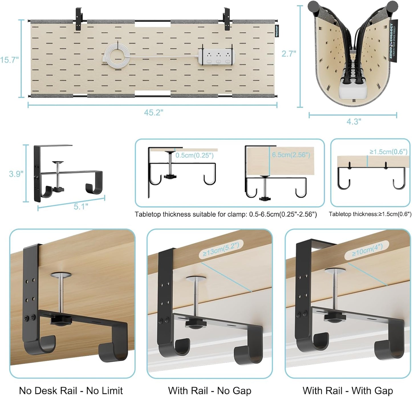 2-in-1 Under Desk Cable Management Tray & Privacy Panel, Dual-Sided Thick Felt Cord Organizer with 20 Cable Ties,Heavy Duty Steel Frame Support, No-Drill Clamp Mount,Large Capacity (Khaki/Gray, 45.2")
