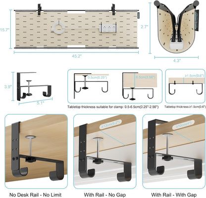 2-in-1 Under Desk Cable Management Tray & Privacy Panel, Dual-Sided Thick Felt Cord Organizer with 20 Cable Ties,Heavy Duty Steel Frame Support, No-Drill Clamp Mount,Large Capacity (Khaki/Gray, 45.2")