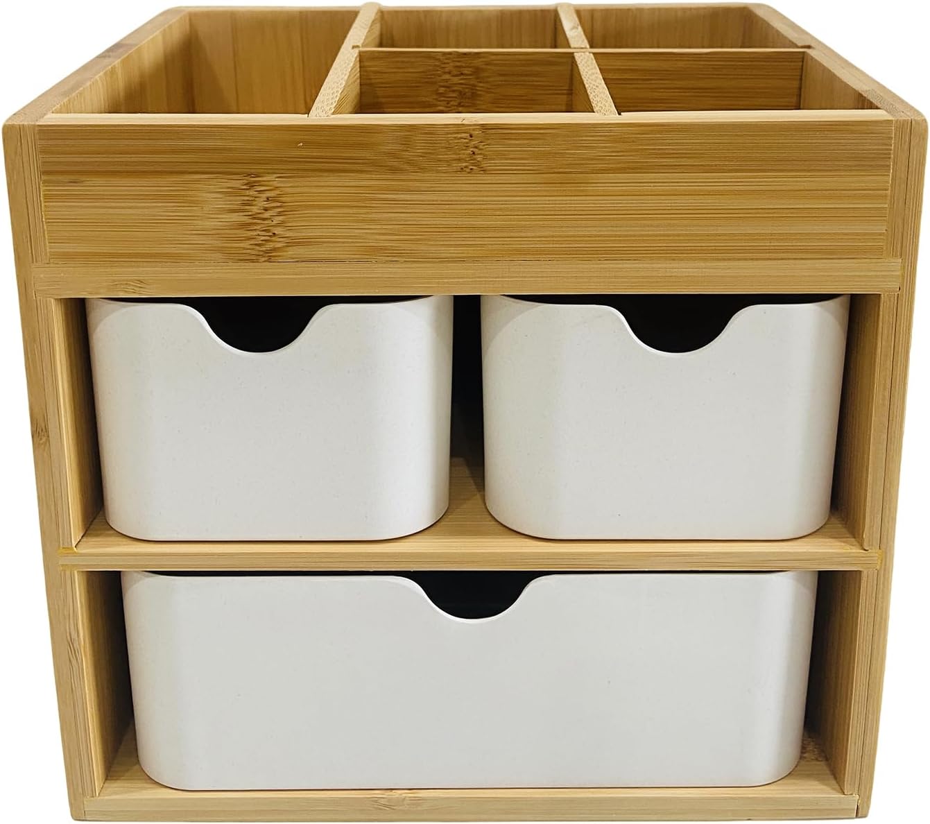 Bamboo Makeup Organizer Jewelry Box, Bamboo Desk organizer with 3 drawers and adjustable dividers, 3 Tier Jewelry Storage Case, Desktop Organization Storage
