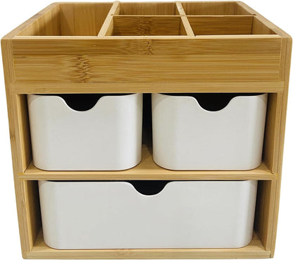 Bamboo Makeup Organizer Jewelry Box, Bamboo Desk organizer with 3 drawers and adjustable dividers, 3 Tier Jewelry Storage Case, Desktop Organization Storage