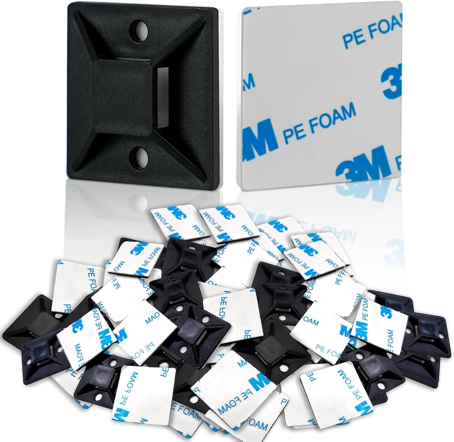 100 PCS 1" Adhesive Cable Tie Mounts – Strong Sticky Back Nylon Wire Holders for Cable Management in Home, Office, Car & Christmas Lights (BLACK-100)