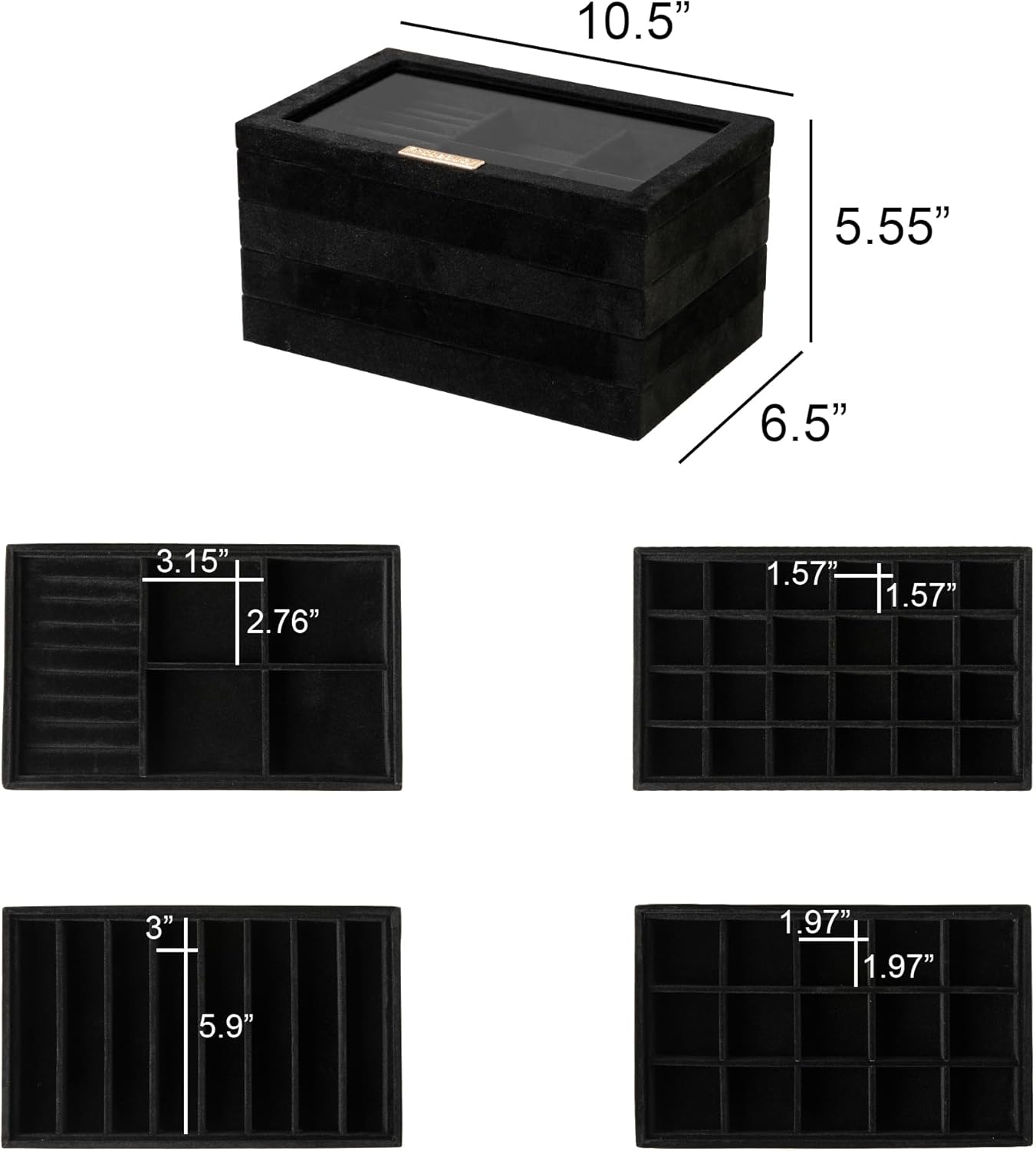 Frebeauty Stackable Jewelry Trays, Velvet Drawer Jewelry Organizer with Glass Lid,5 in 1 Multi-Functional Jewelry Storage for Earrings Necklaces Rings, 10.5 x 6.5 x 5.55 Inches Gift for Women(Beige)
