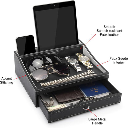 Baoyun Gifts for Dad Mens Nightstand Organizer, Jewelry Box for Men, Mens Dresser Organizer Countertop, Large Capacity Leather Valet Tray for Phones Pad Wallet Key Christmas Gifts for Men