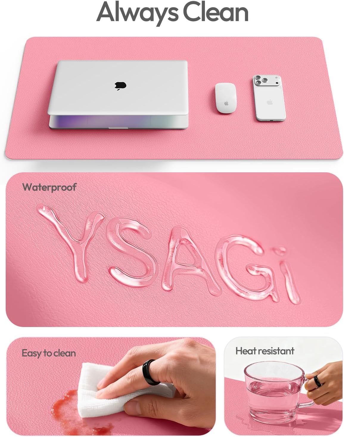 YSAGi Leather Desk Protector, Office Mat, Large Mouse Mat, Non-Slip PU Leather Blotter, Laptop Pad, Waterproof Writing Pad for Office and Home (Light Pink, 23.6" x 13.8") - Colors B