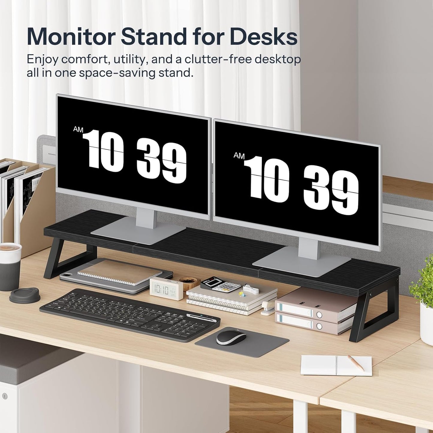HOOBRO Dual Monitor Stand Riser, 39 Inch Large Computer Monitor Stand for 2 Monitors, Computer Monitor Riser, Desk Shelf Organizer for Office Desk, Accessories, Black BB121CJ01
