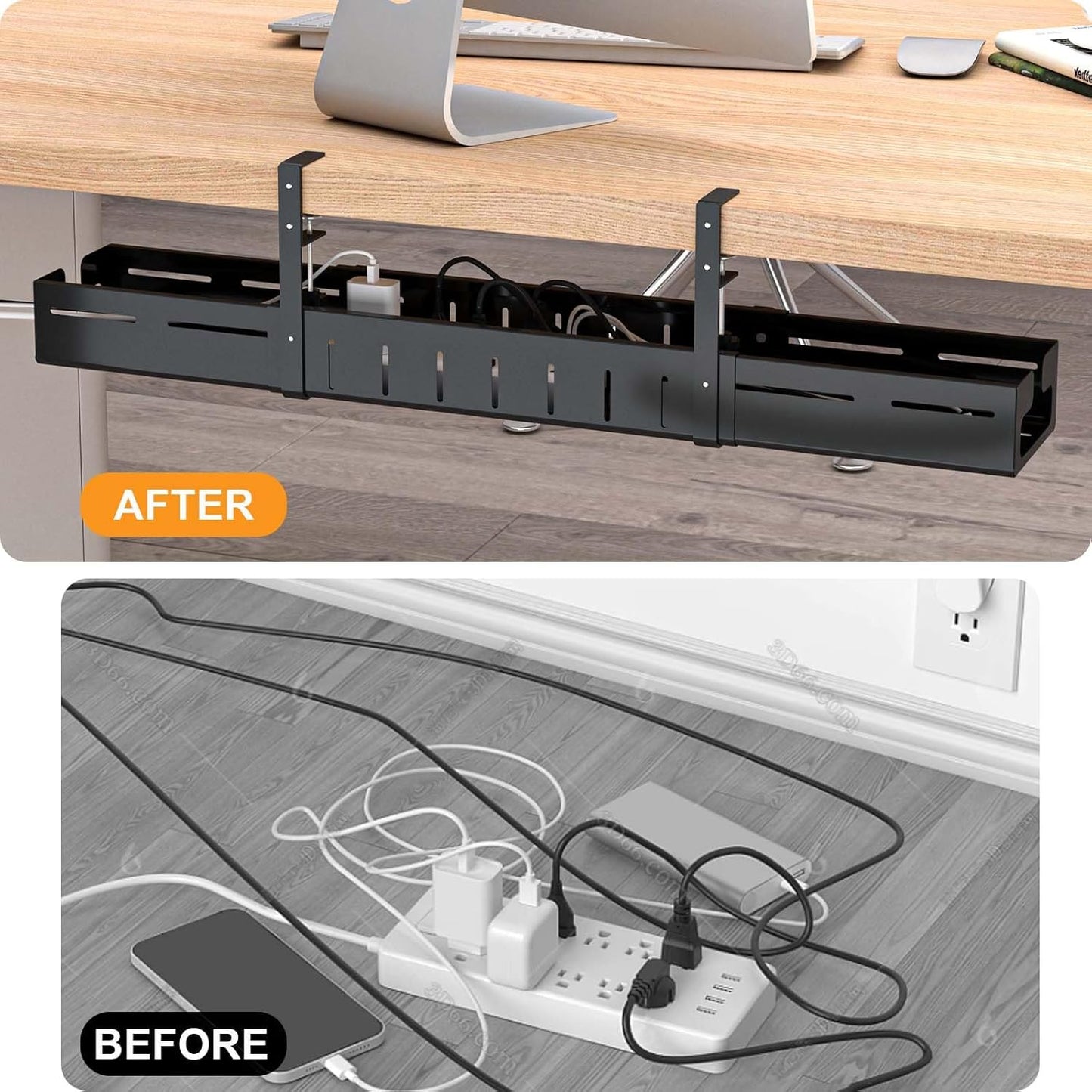 REALINN Under Desk Cable Management Tray Black, Expandable 25.27"-38.66" Sturdy Steel Desk Cord Hider Raceway for Office/Home