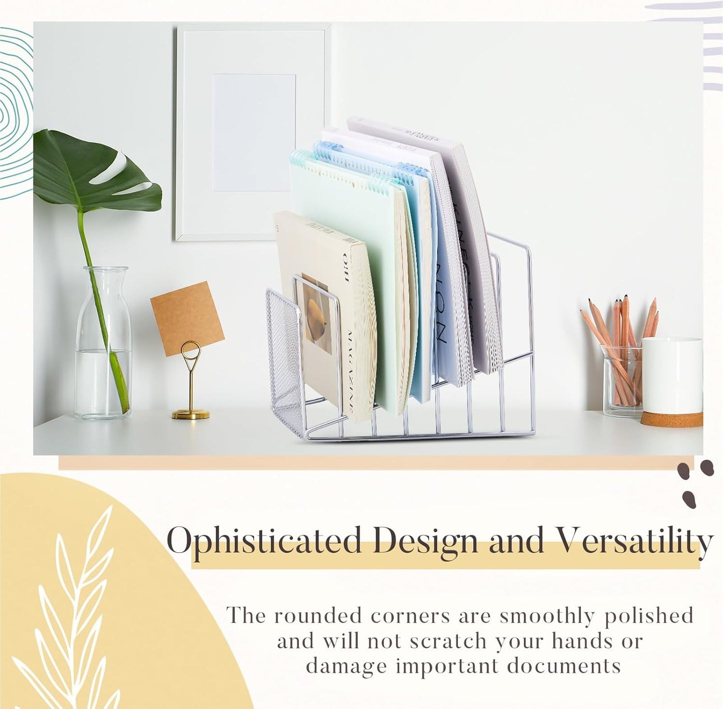 2 Pcs 7 Section Wire File Organizer for Desk, Metal Mesh Incline File Holder, Letter & Magazine Folder Rack, Desktop Paper Sorter for Home Office School (Golden)