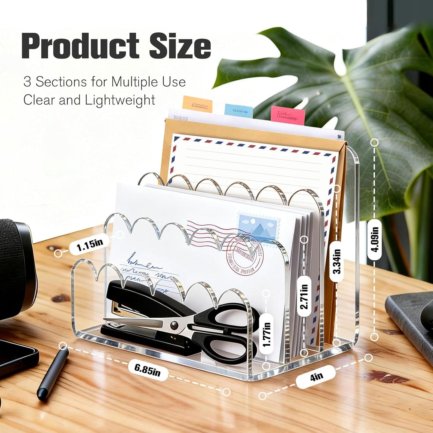 Acrylic Scalloped Mail Organizer, 3 Compartments Desktop Letter Holder, Vertical File Sorter, Desk Organizer for Letters, Envelopes, Bills and Stationery