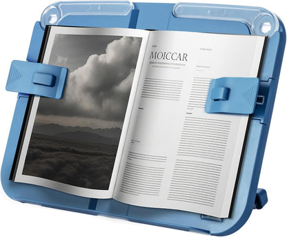 M&G Book Stand Adjustable Book Holder, Hands Free Book Display Stand Cookbook Stand with Page Paper Clips, Portable Reading Rest Desk Bookstand for Textbooks, Magazines, iPad (Blue)
