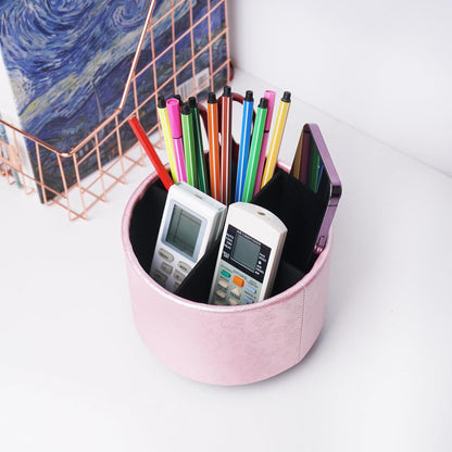 lizimandu Round Leather Art Supply Organizer,Remote Control Holder,360 Degree Spinning,Multi-Functional Pencil Holder,4 Compartments Desktop Stationary Organizer(1-Gold) - Colors B
