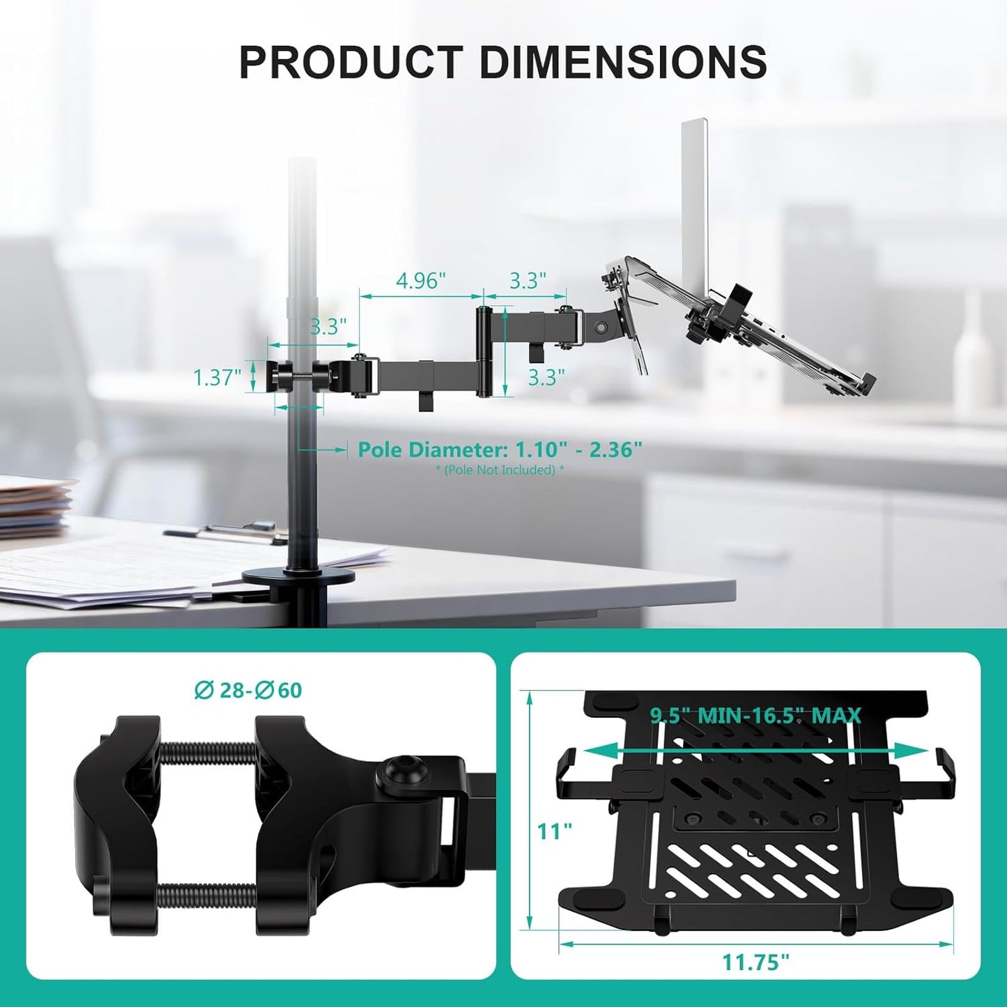WALI Laptop Desk Mount for 17 inch Notebook, Adjustable Single Monitor Arm with Laptop Holder for 32 inch Screen, Laptops Stand with Ventilated Tray, Up to 22 lbs, (M00LP), Black
