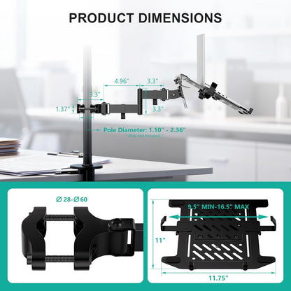 WALI Laptop Desk Mount for 17 inch Notebook, Adjustable Single Monitor Arm with Laptop Holder for 32 inch Screen, Laptops Stand with Ventilated Tray, Up to 22 lbs, (M00LP), Black