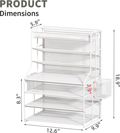 7 Tier Desk File Organizer – Vertical File Organizer for Desk with Removable Pen Holder & Adjustable Pull-out Drawer – Metal Document Organizer for Office, Simple Trending Design – Black