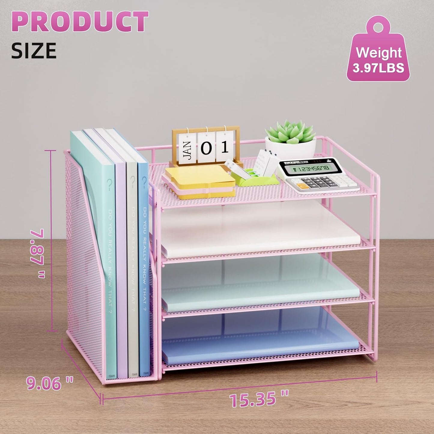 Marbrasse Desk Organizer and Accessories，4-Tier Paper Letter Tray Organizer with File Holder，Desk Accessories & Workspace Desktop Organizers for School Home Office Supplies (Blue)