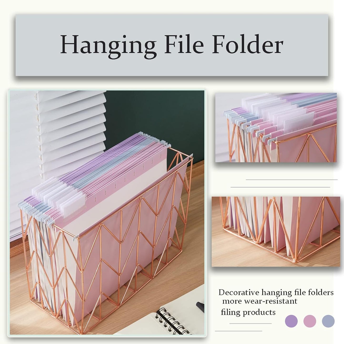 Hanging Rose Gold File Organizer, equipped with a 6-piece set of rose gold desktop accessories