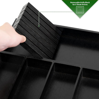 VaeFae Bamboo Silverware Drawer Organizer Kitchen, Expandable Utensil Organizer with Knife Block, Cutlery Tray with Divider, Multifunctional Drawer Organizer