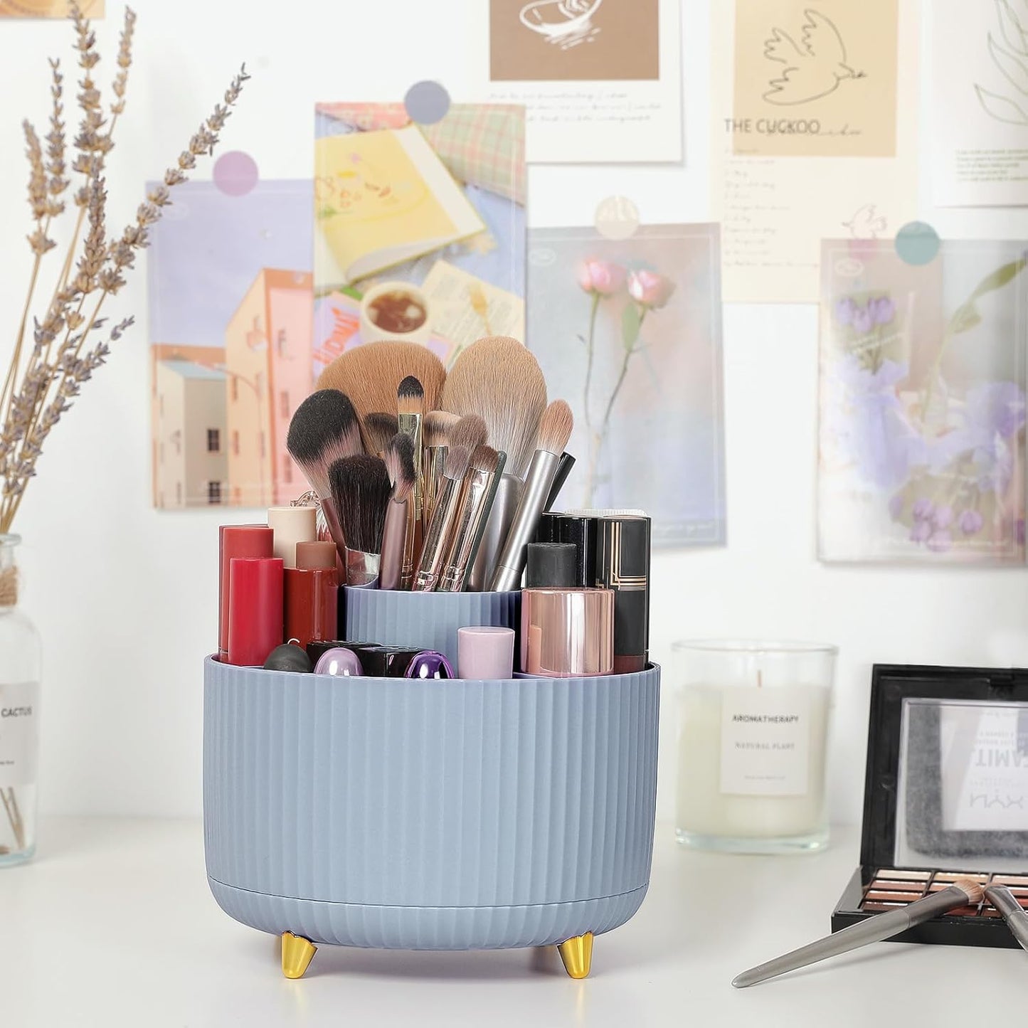 SKYDUE 360 Rotating Purple Pen & Art Supply Organizer - 5 Slot Desk Organizer for Office, School, Home