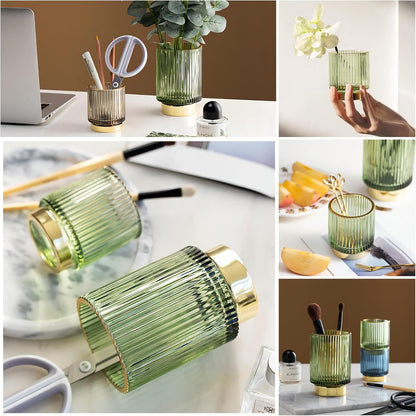 DASITON Makeup Brush holder Organizer,Crystal Cosmetic Makeup Brush Glass Brushes Storage Holder, Vintage Make Up Brush Cup Pen Pencil Holder striped vase(Coffee S)