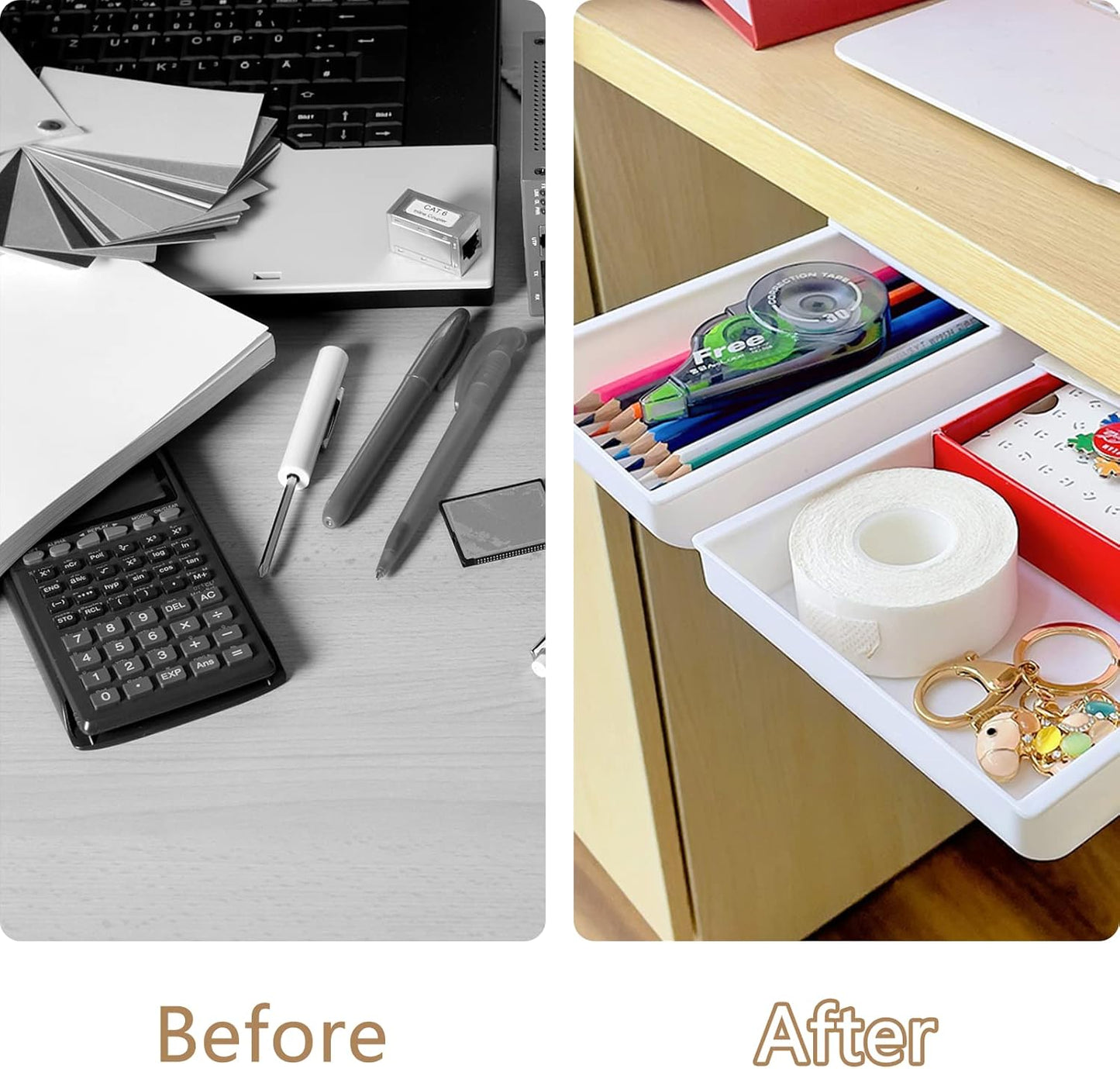 2 Packs Under Desk Drawers, Slide Out Drawer Attachment, Plastic Desk Accessories & Workspace Organizers, Self-Adhesive Hidden Desktop Pen Holder for Office School Home (Black)