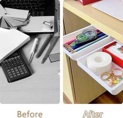 2 Packs Under Desk Drawers, Slide Out Drawer Attachment, Plastic Desk Accessories & Workspace Organizers, Self-Adhesive Hidden Desktop Pen Holder for Office School Home (Black)