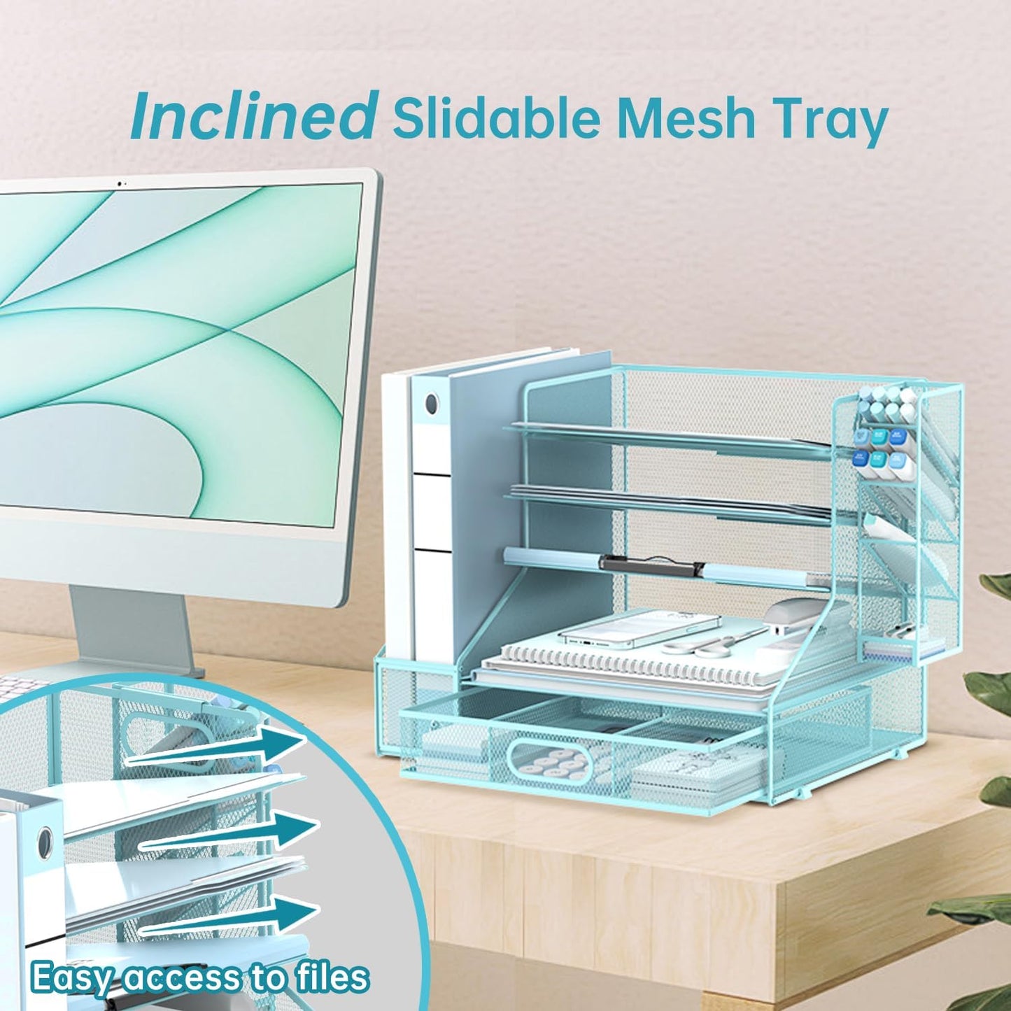 SUPEASY Desk Organizer with File Holder, 5-Tier Mesh Paper Letter Tray and 3 Tilted File Sorter for Office Supplies, Black