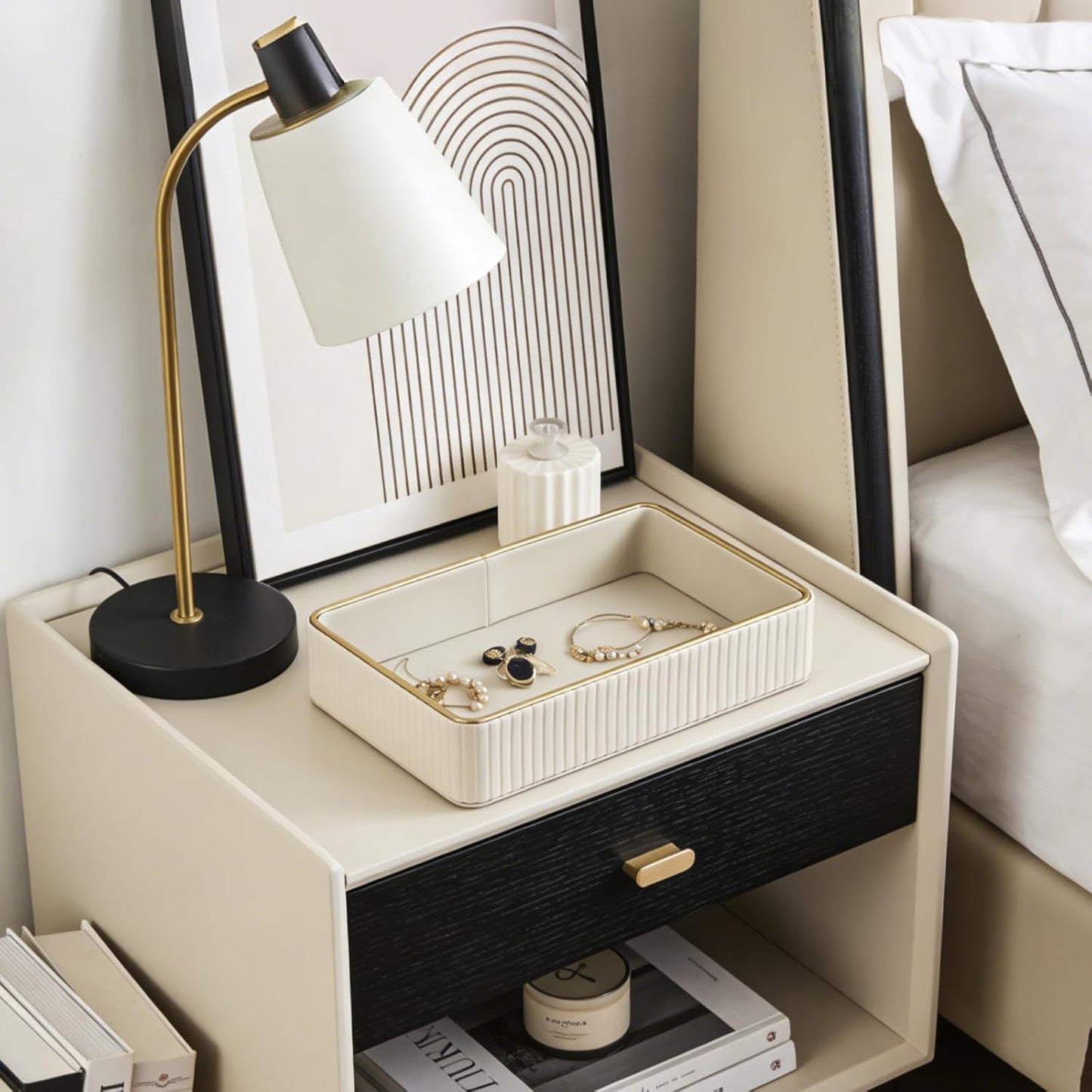 PU Leather Valet Tray,Desk Organizer Tray Nightstand Organizer Trinket Dish Storage Key Bowl Decorative Trays for Phone Wallet Jewelry Watch,Bathroom Bedroom Perfume Vanity Trays,Cream White