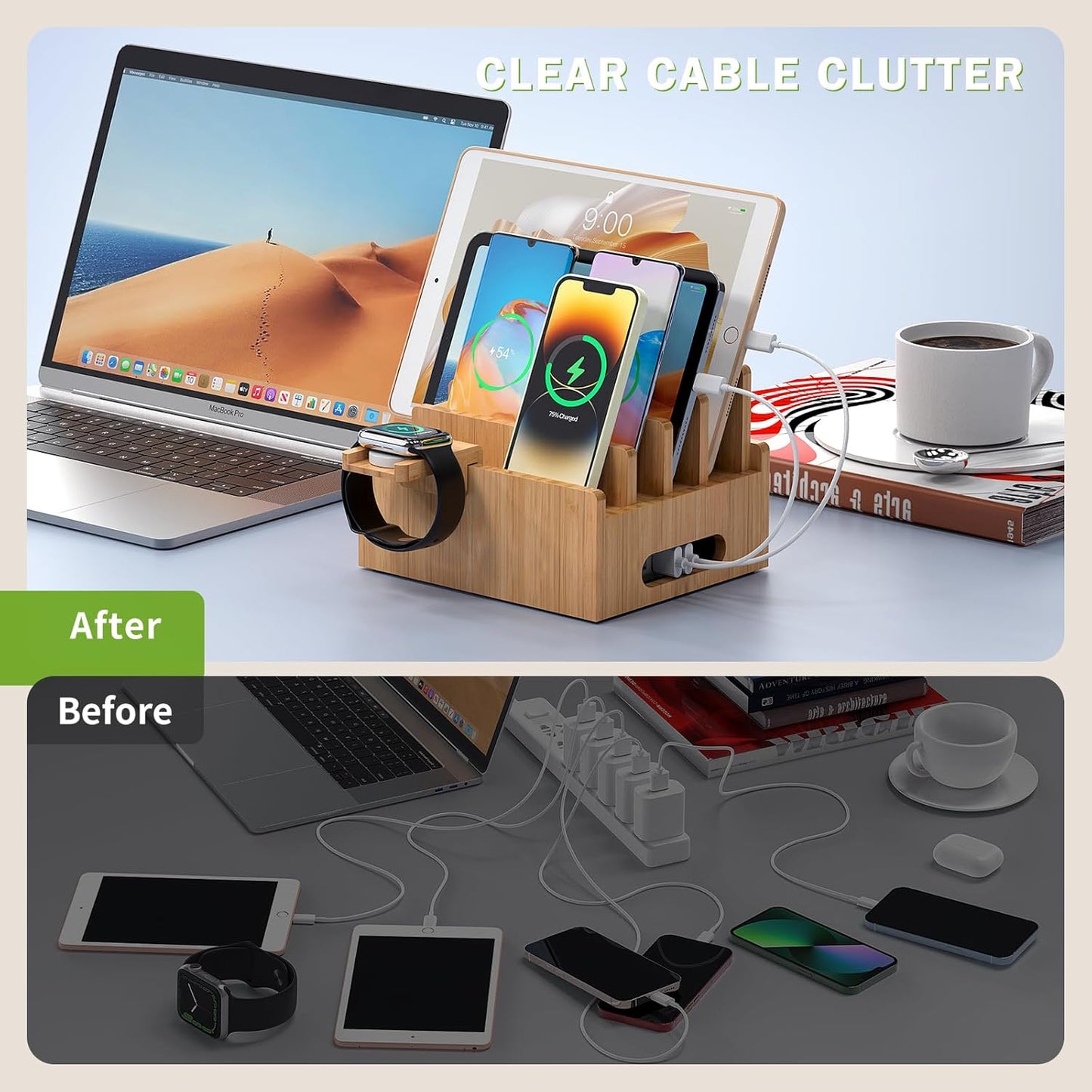Pezin & Hulin Cell Phone Charging Stations, Bamboo Dock Organizer for Multi Devices, Tablets, Smart Watch, with Pack 5 Cables, No Power Charger Supply