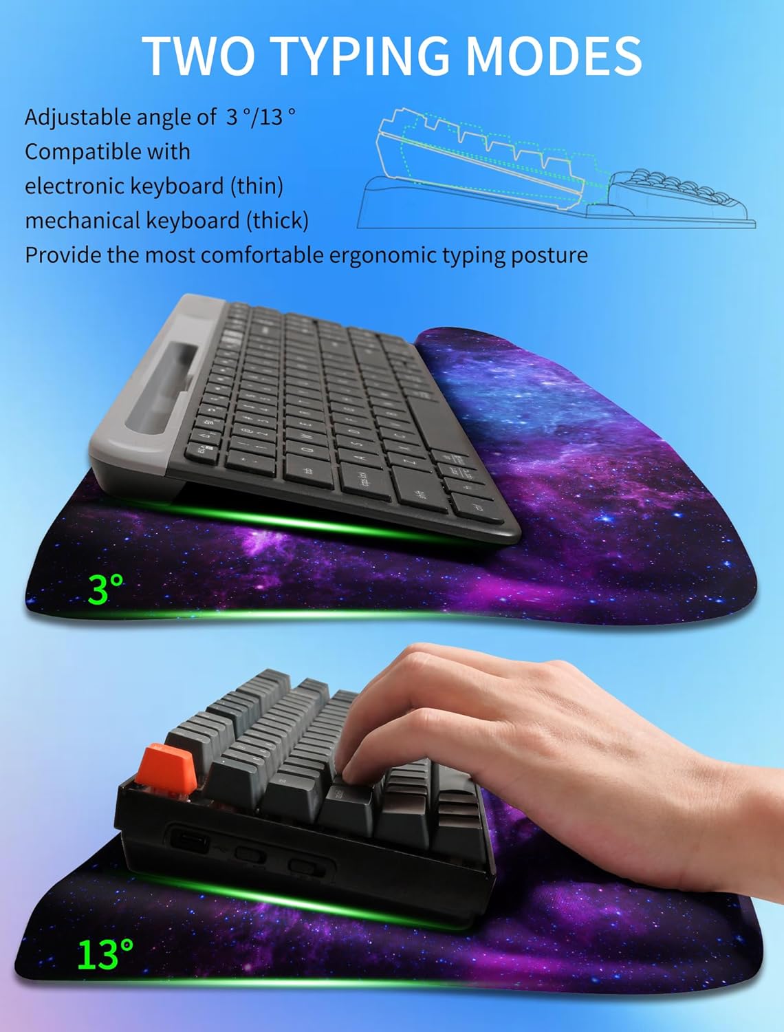Ergonomic Wave Wrist Rest with Keyboard Stand, Cushioned Palm Rest, Comfortable Integrated Memory Foam for Natural Typing and Relieve Wrist Pain, Dark Night Black