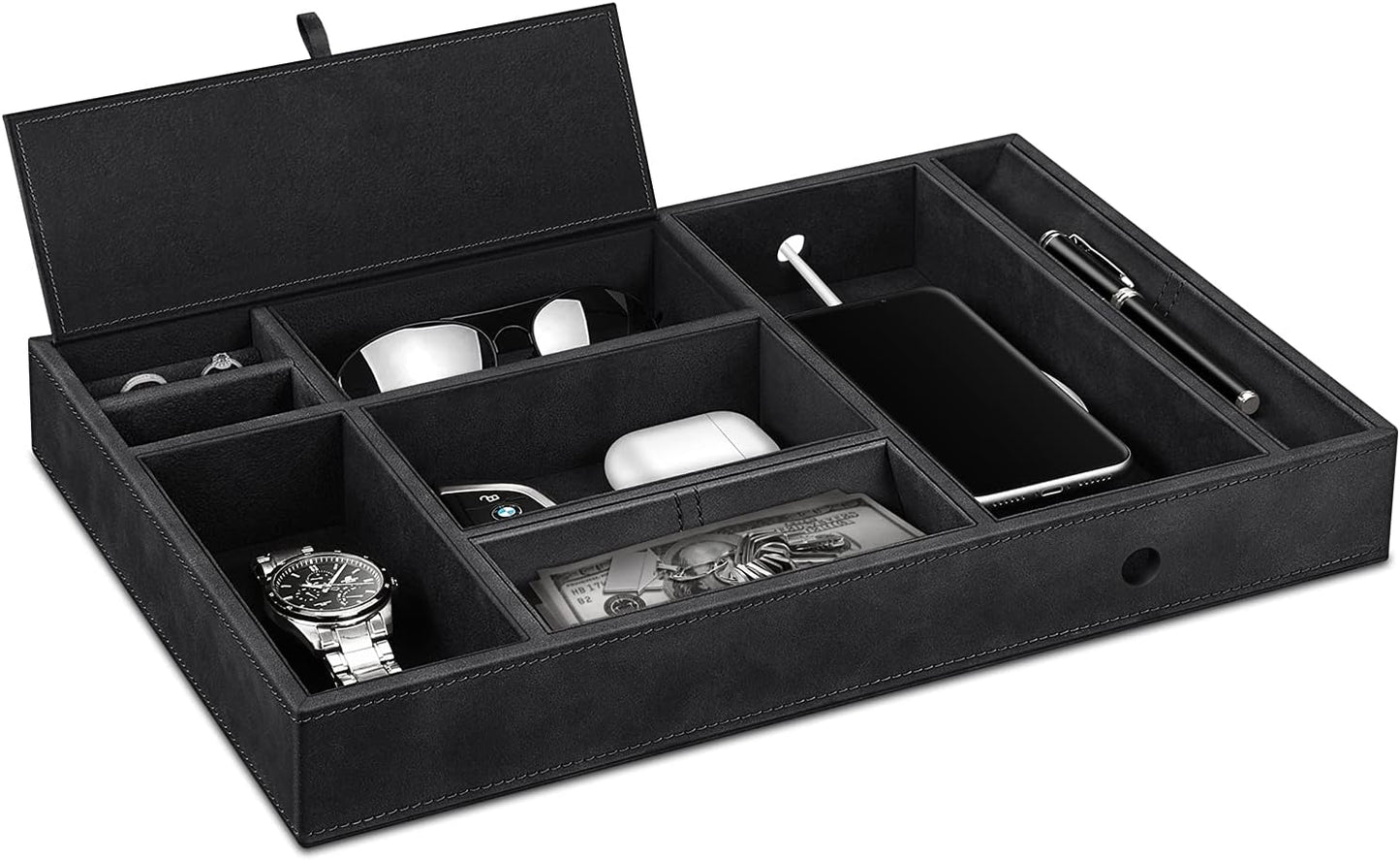 SITHON Valet Tray Desktop Organizer - 8 Compartments Catchall EDC Tray PU Leather Bedside Vanity Nightstand Caddy Coin Box Key Jewelry Storage Organizer, Black