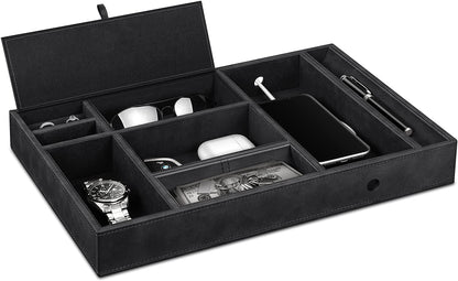 SITHON Valet Tray Desktop Organizer - 8 Compartments Catchall EDC Tray PU Leather Bedside Vanity Nightstand Caddy Coin Box Key Jewelry Storage Organizer, Black