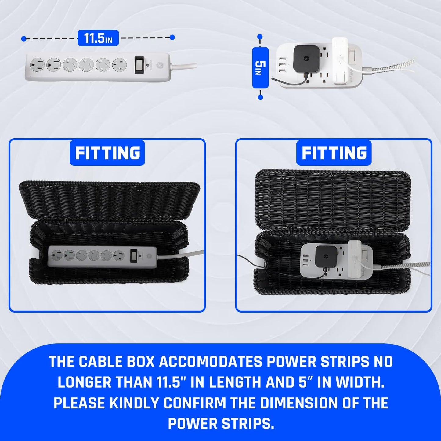Cable Management Box, Handmade Rattan Cable Organizer with 2 Open Slots, Cord Hider for Power Strip, Router & USB Hub, Registered U.S. Design Patent (D1,112,102), 13" x 5.1" x 5.1", Natural